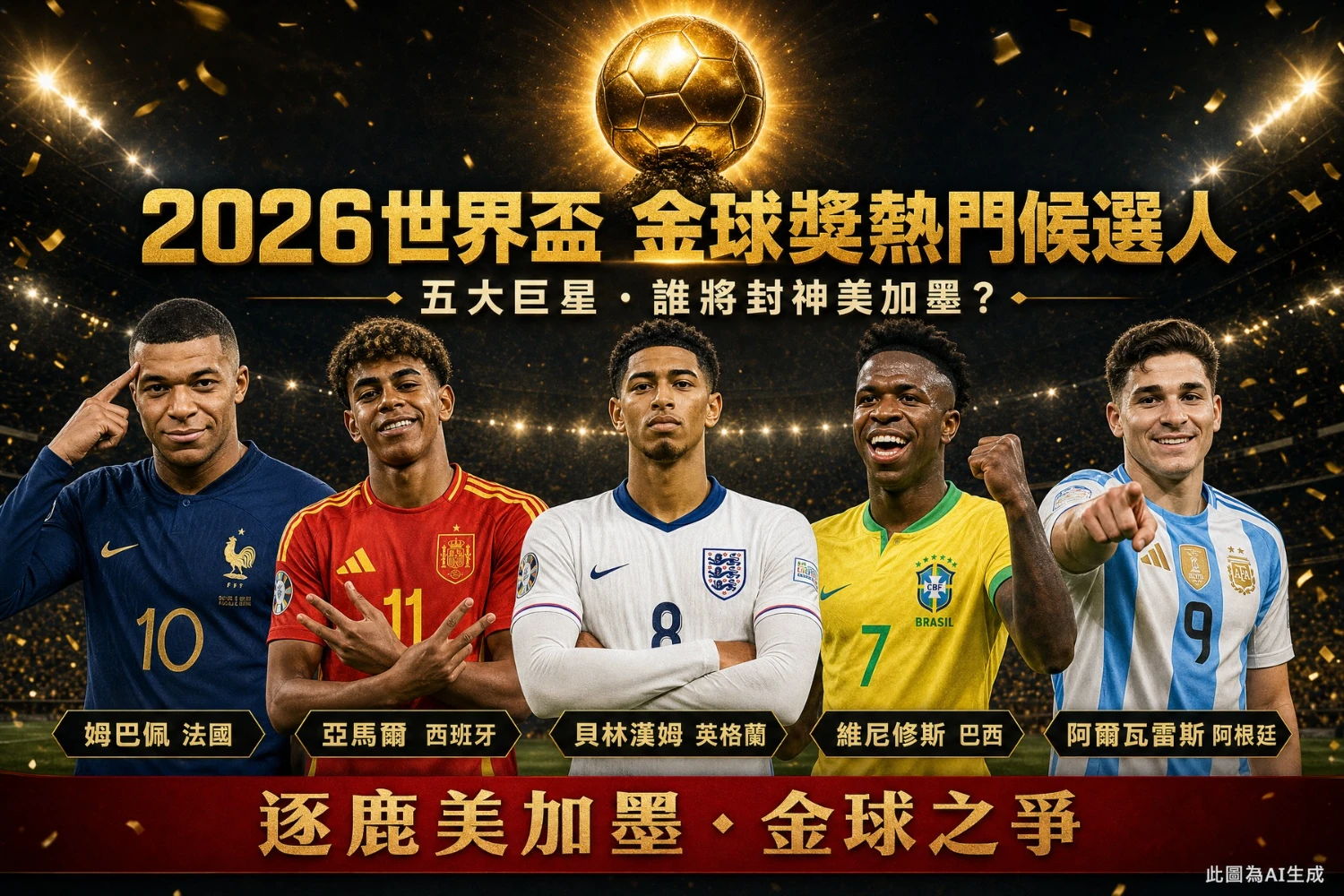 2026世界盃金球獎五大熱門候選人：姆巴佩（法國）、亞馬爾（西班牙）、貝林漢姆（英格蘭）、維尼修斯（巴西）、阿爾瓦雷斯（阿根廷）正面展示圖