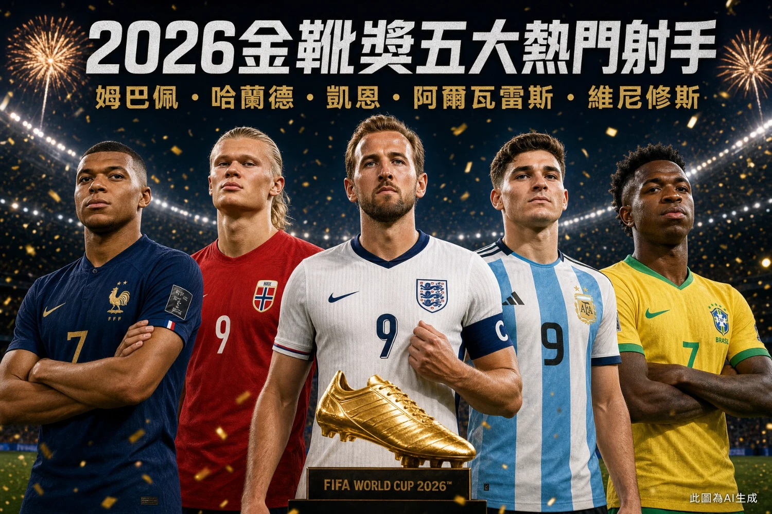2026世界盃金靴獎五大熱門射手：姆巴佩、哈蘭德、哈利凱恩、阿爾瓦雷斯、維尼修斯正面展示圖