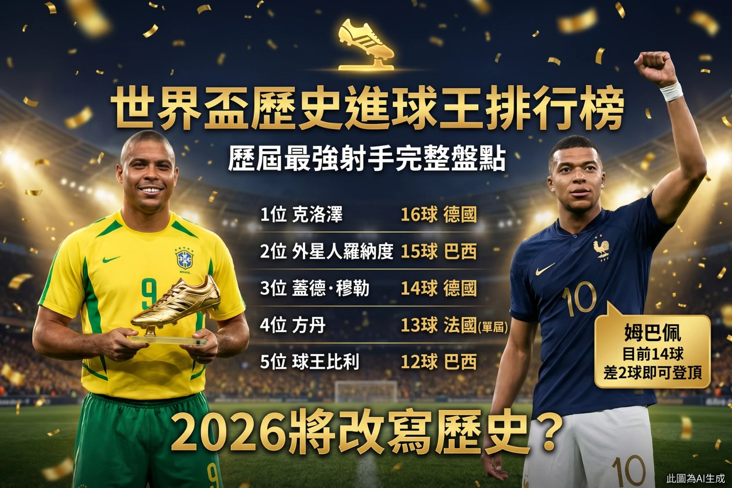 世界盃歷史進球王排行榜：克洛澤16球居首，外星人羅納度15球，蓋德穆勒14球，方丹13球單屆，球王比利12球